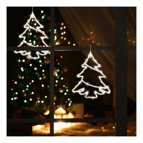 Karácsonyi LED  fenyőfa ablakdísz, 35 db melegfehér LED, 3 funkció, kapcsolható, elemes
